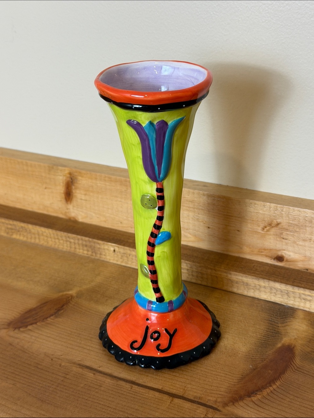 Hand-Painted Lime Green Ceramic Candle Holder with Orange Base Joy Design | EUC